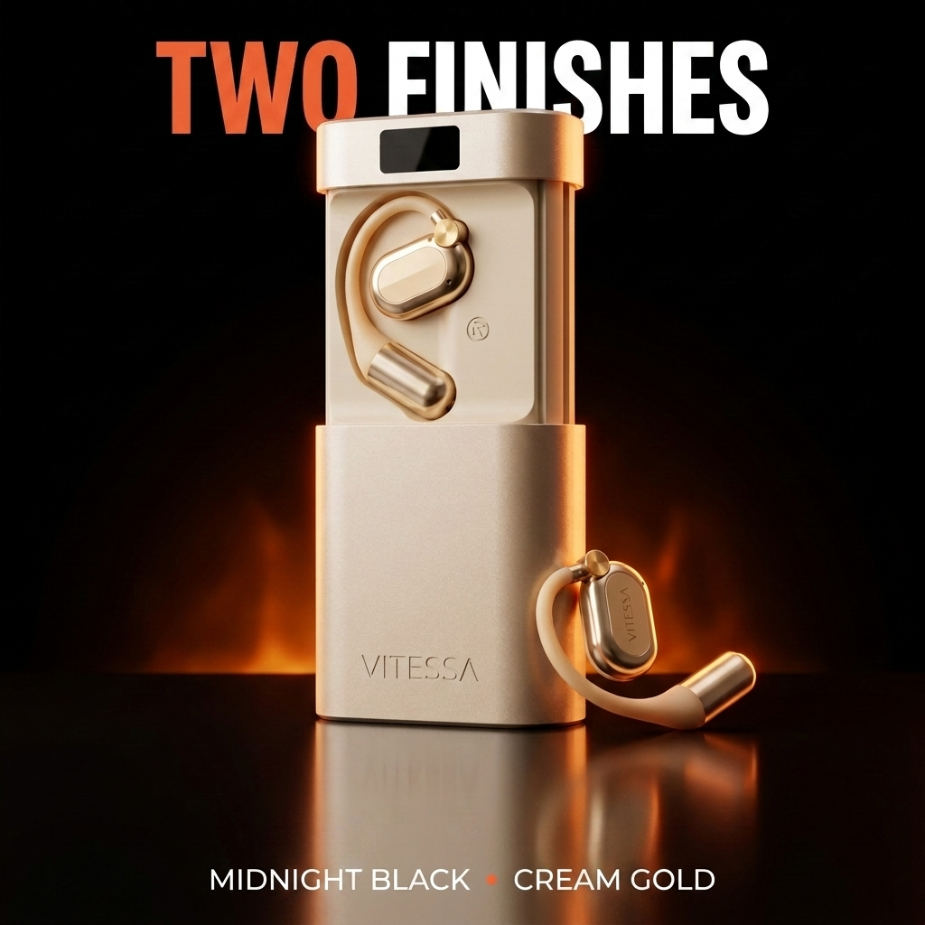 Two finishes — cream gold VITESSA case and earbuds