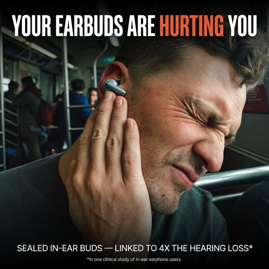 Your earbuds are hurting you — commuter wincing with sealed in-ear buds
