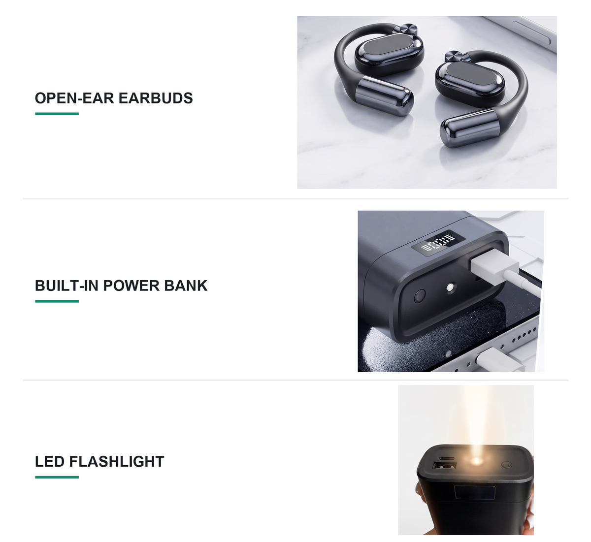 AeroSonic Open-Ear and PowerBank Earbuds - open-ear earbuds, built-in power bank, LED flashlight from the top deck