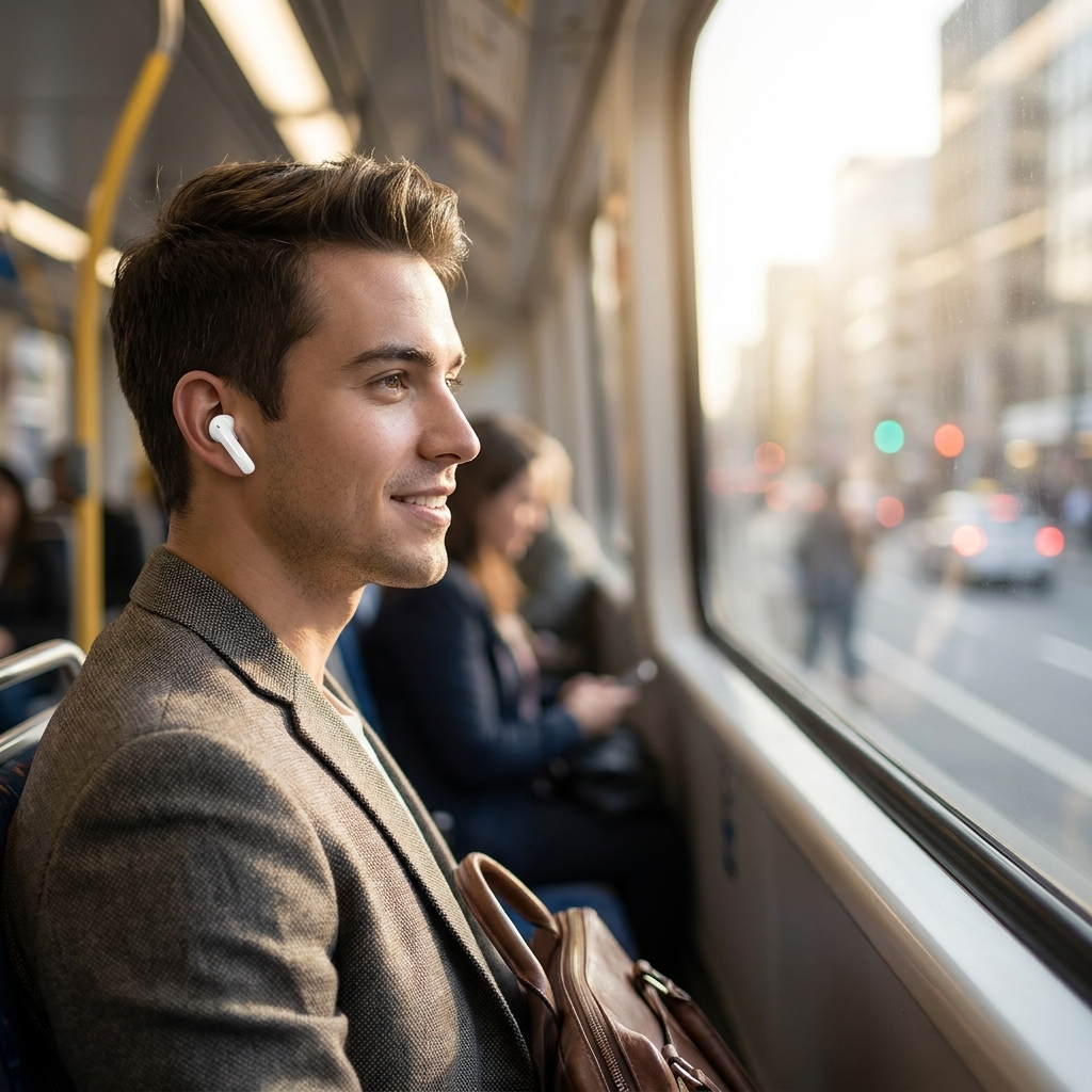PureBuds ANC worn on a morning commute