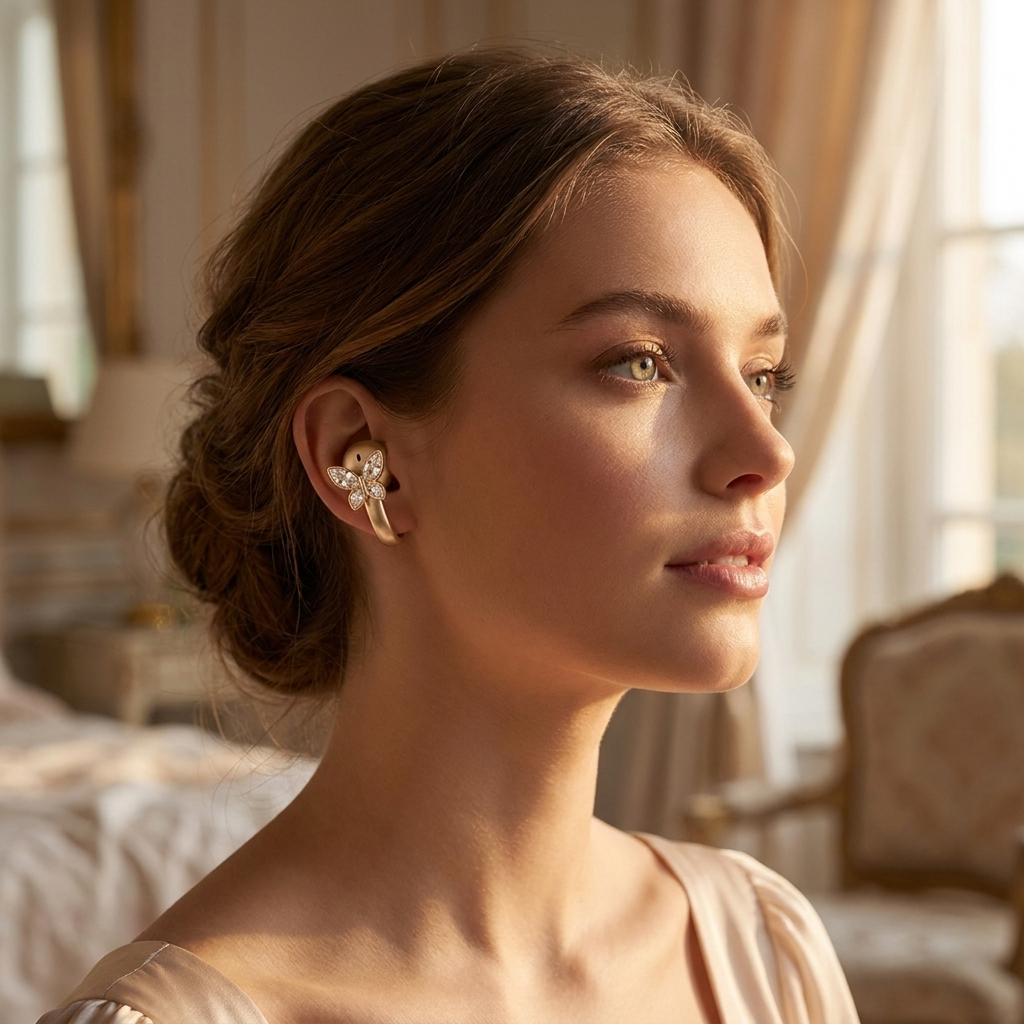 Crystal Heart clip earbud worn in golden light