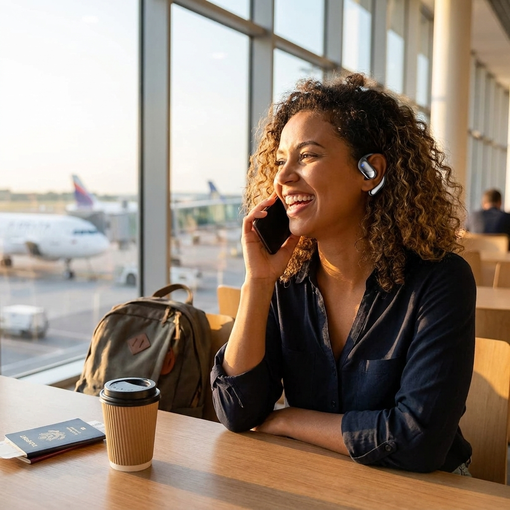 Lingo AI Earbuds on an international video call