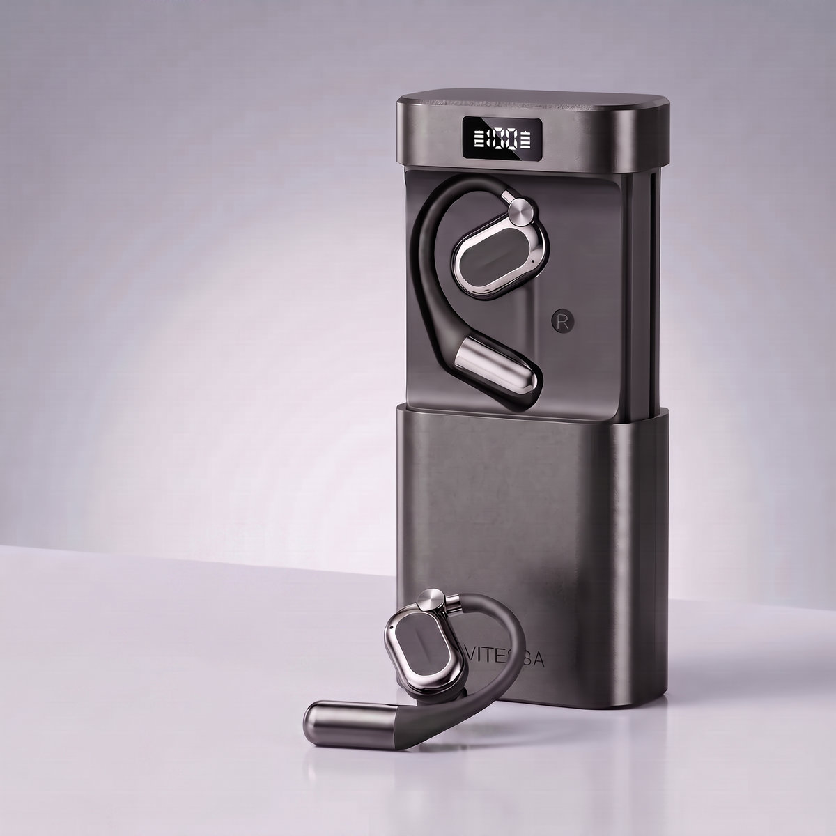 Vitessa open-ear earbuds with the black power-bank charging case and battery display