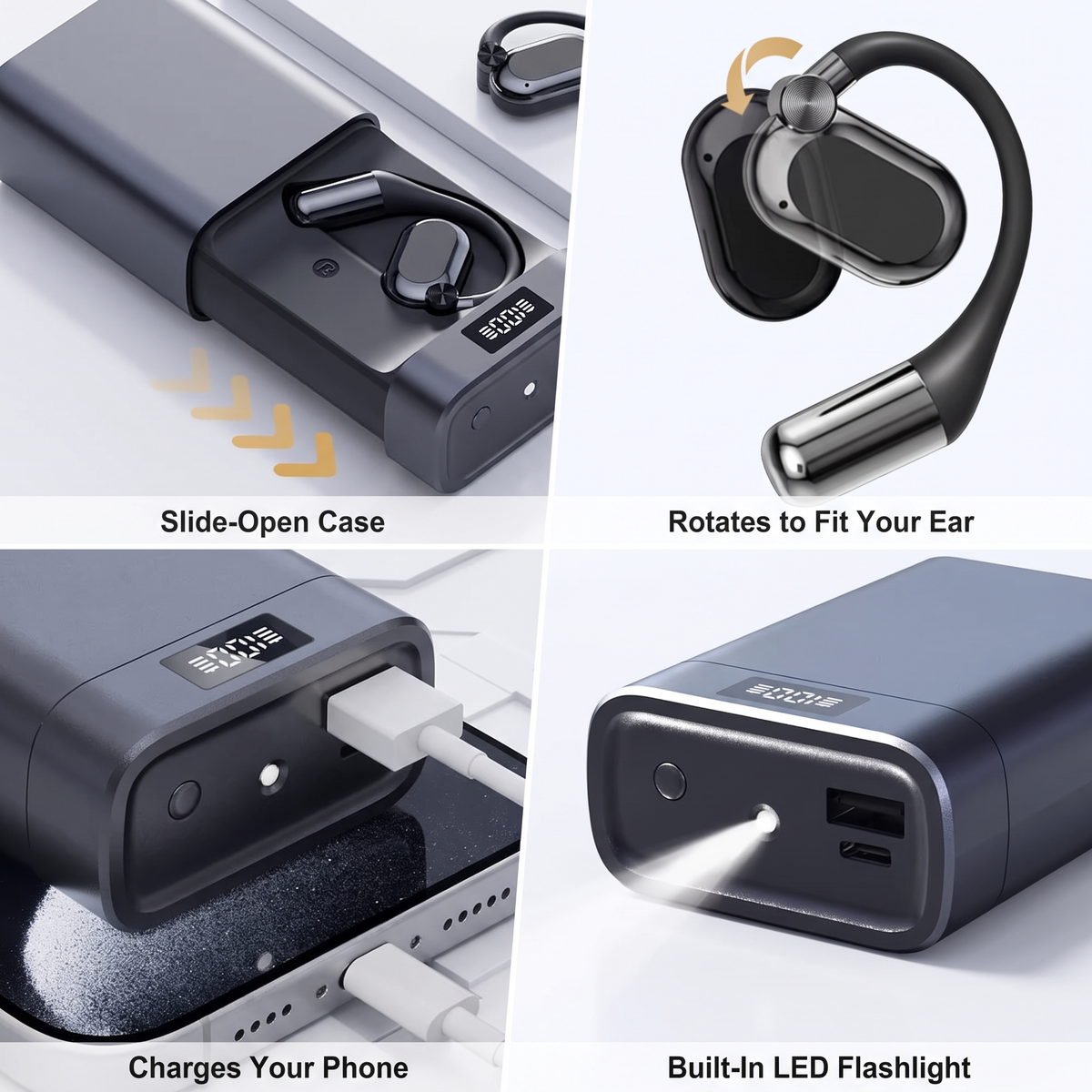 OpenAir features - slide-open case, rotates to fit your ear, charges your phone, built-in LED flashlight