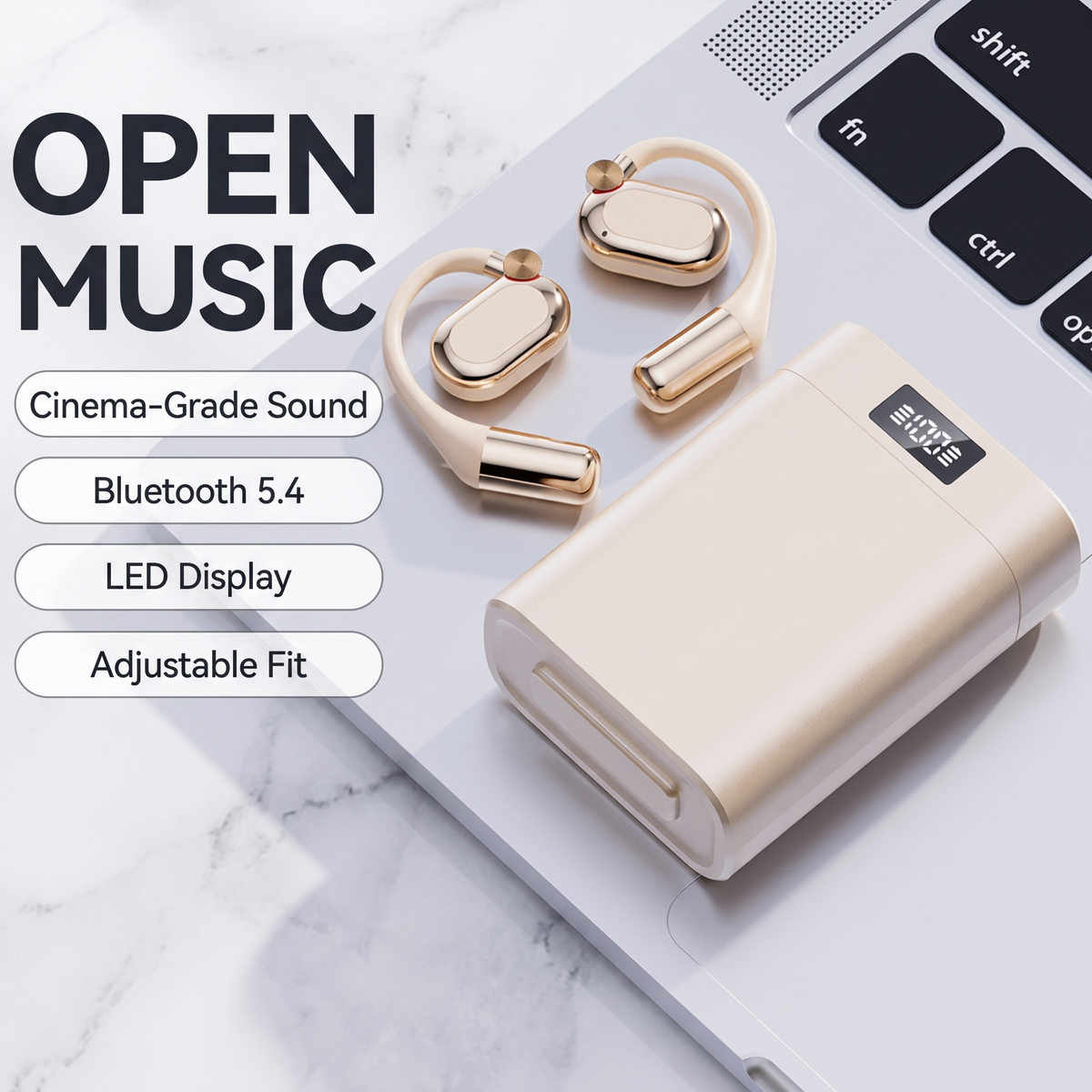 Vitessa OpenAir cream colorway - Bluetooth 5.4, LED display, adjustable fit