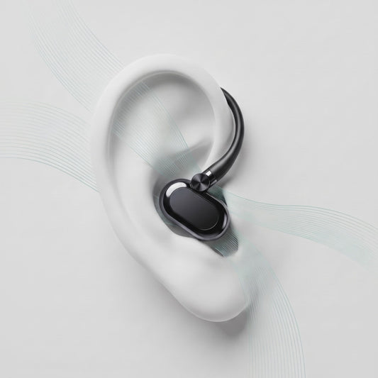 HearWell open-ear earbud resting outside the ear canal with animated airflow lines